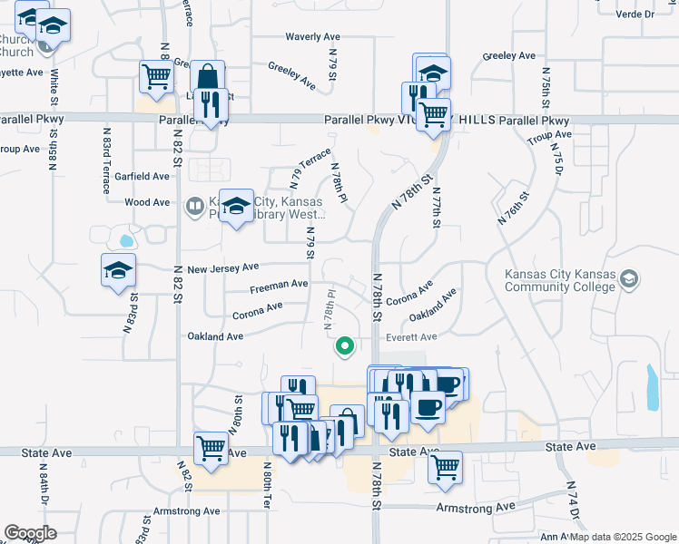map of restaurants, bars, coffee shops, grocery stores, and more near 7850 Freeman Avenue in Kansas City