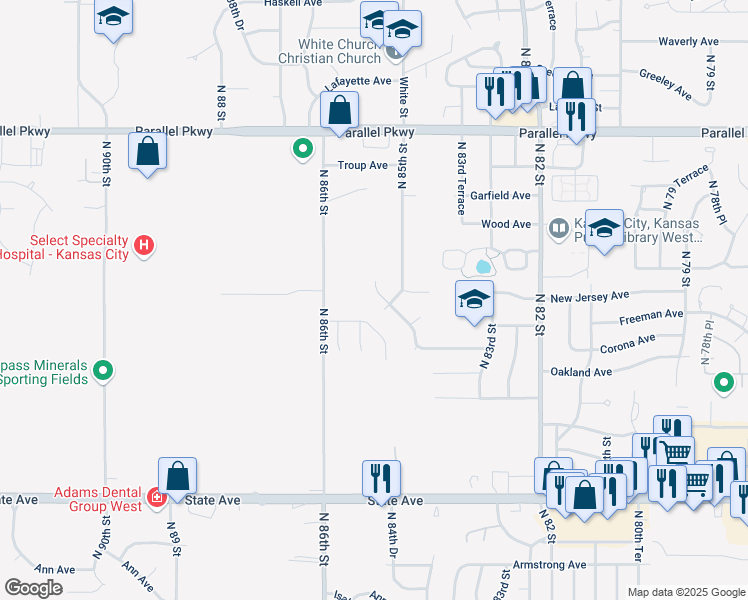 map of restaurants, bars, coffee shops, grocery stores, and more near 1615 North 86th Street in Kansas City