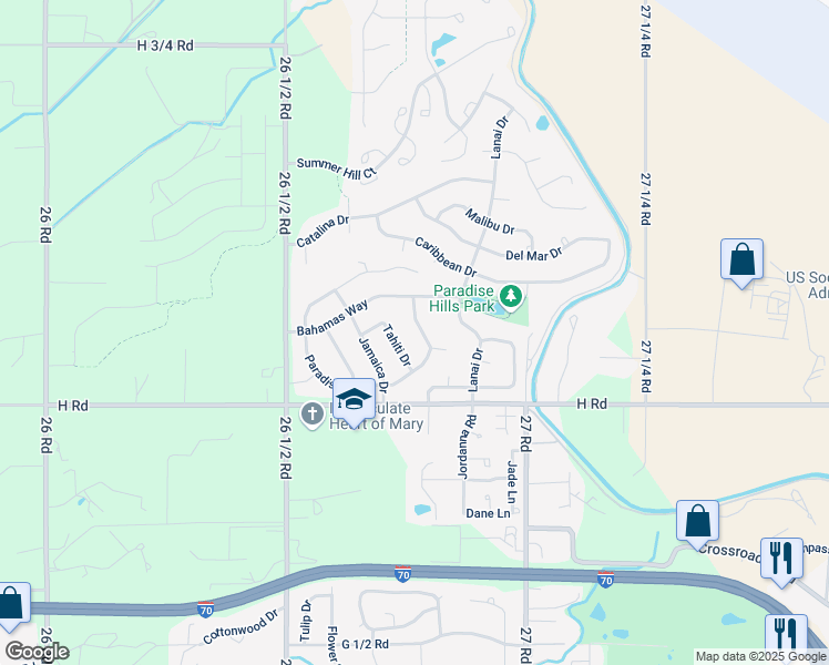 map of restaurants, bars, coffee shops, grocery stores, and more near 2686 Paradise Way in Grand Junction