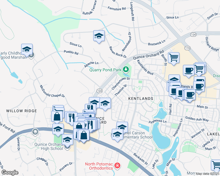 map of restaurants, bars, coffee shops, grocery stores, and more near 410 Ridgepoint Place in Gaithersburg