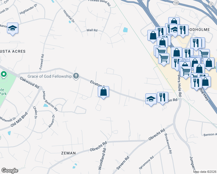 map of restaurants, bars, coffee shops, grocery stores, and more near 8351 Elvaton Road in Glen Burnie