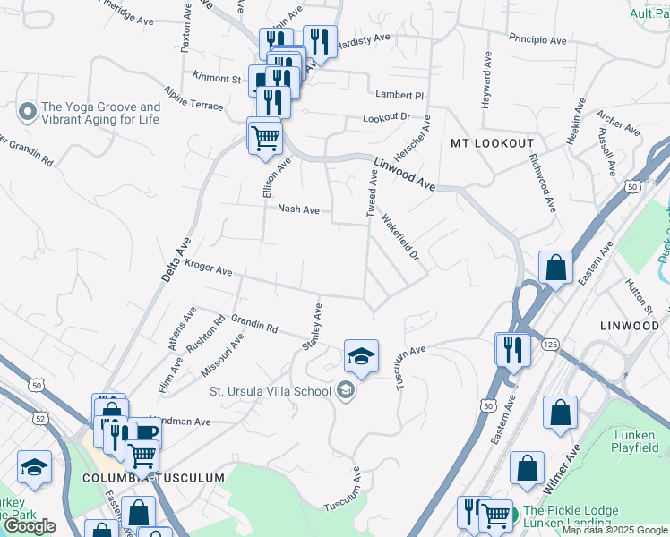 map of restaurants, bars, coffee shops, grocery stores, and more near 736 Kroger Valley Drive in Cincinnati