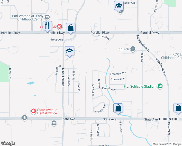 map of restaurants, bars, coffee shops, grocery stores, and more near 1530 N 62nd Pl in Kansas City