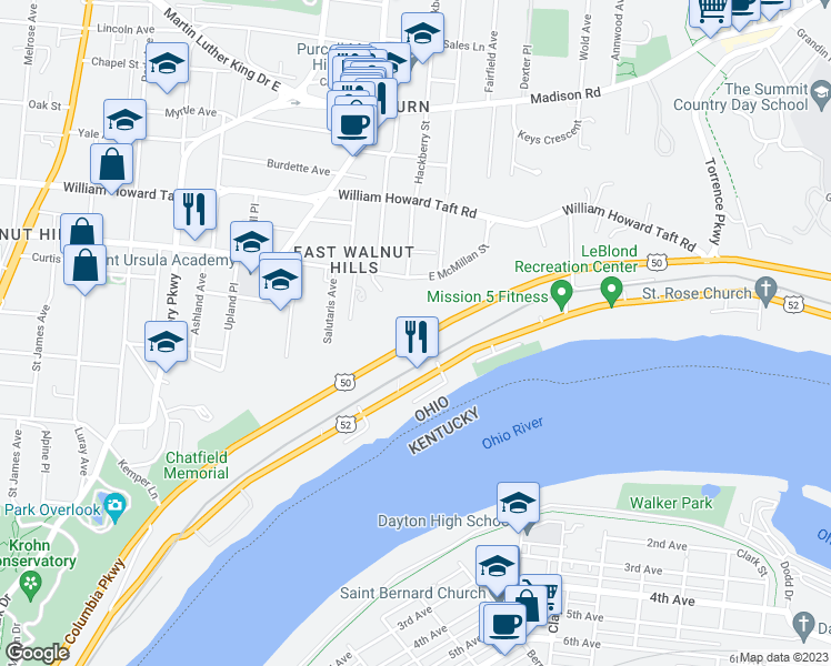 map of restaurants, bars, coffee shops, grocery stores, and more near 2110 Columbia Parkway in Cincinnati