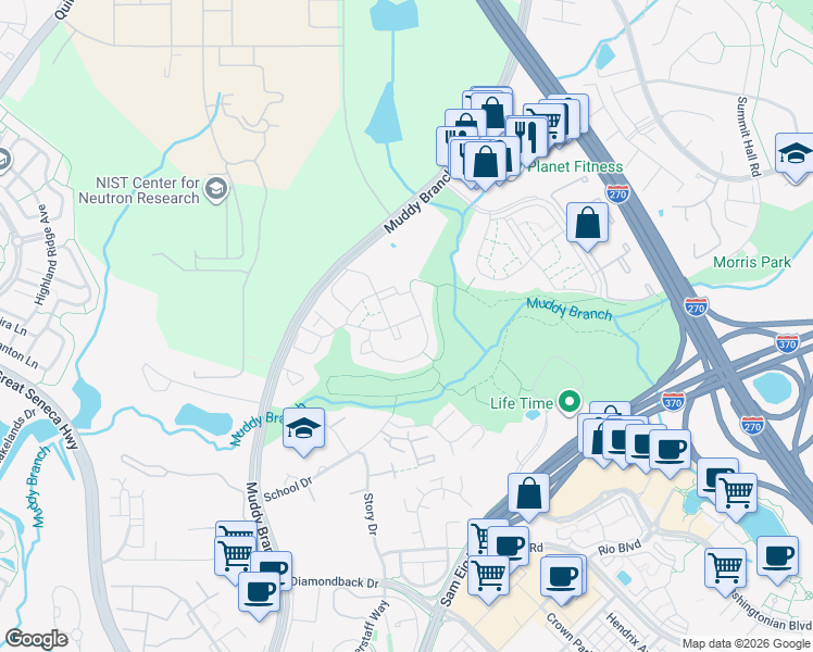 map of restaurants, bars, coffee shops, grocery stores, and more near 614 Coral Reef Drive in Gaithersburg