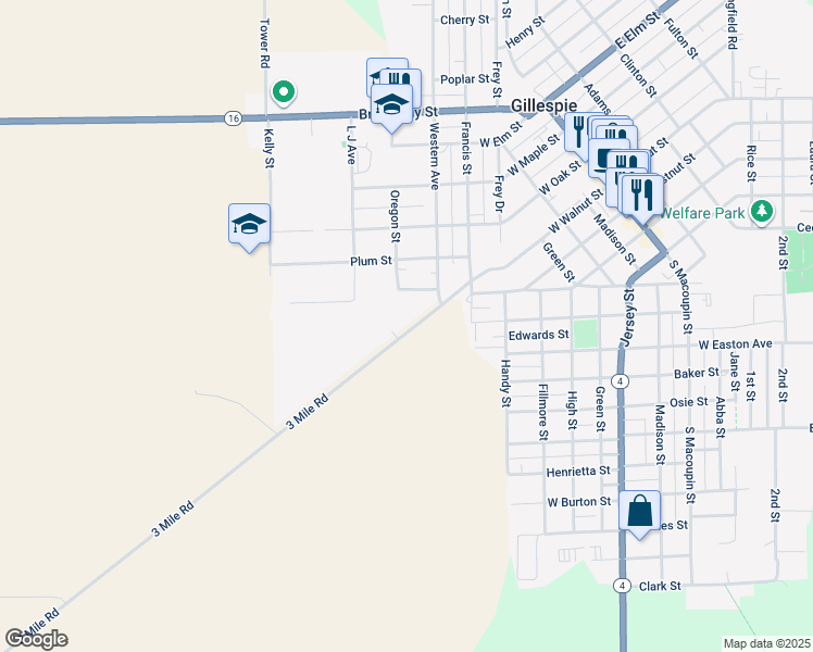 map of restaurants, bars, coffee shops, grocery stores, and more near 17360 3 Mile Road in Gillespie