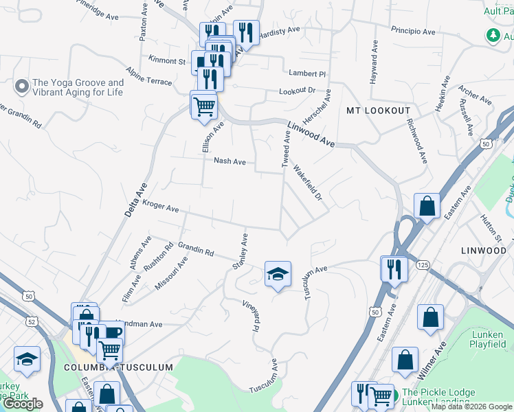 map of restaurants, bars, coffee shops, grocery stores, and more near 736 Kroger Valley Drive in Cincinnati
