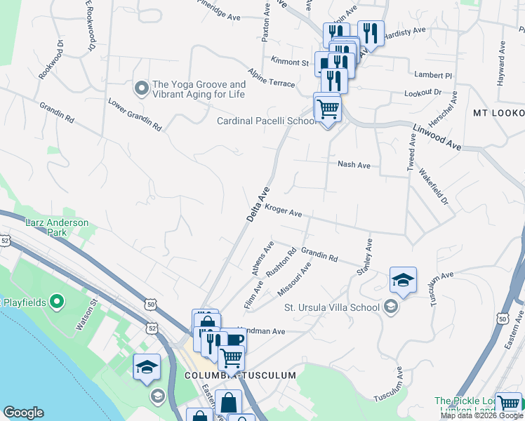map of restaurants, bars, coffee shops, grocery stores, and more near 614 Delta Avenue in Cincinnati