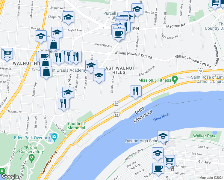 map of restaurants, bars, coffee shops, grocery stores, and more near 2317 Salutaris Avenue in Cincinnati