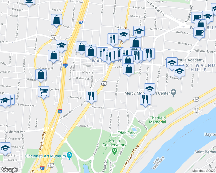map of restaurants, bars, coffee shops, grocery stores, and more near 934 Windsor Street in Cincinnati