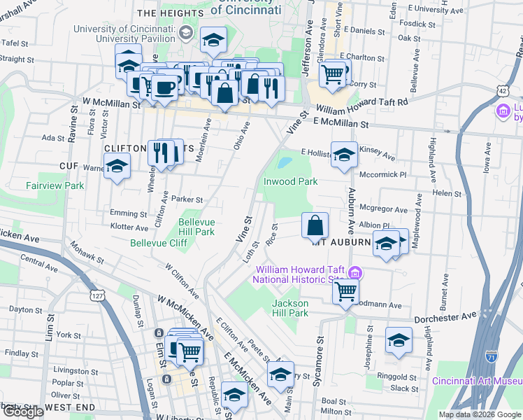 map of restaurants, bars, coffee shops, grocery stores, and more near 2266 Vine Street in Cincinnati