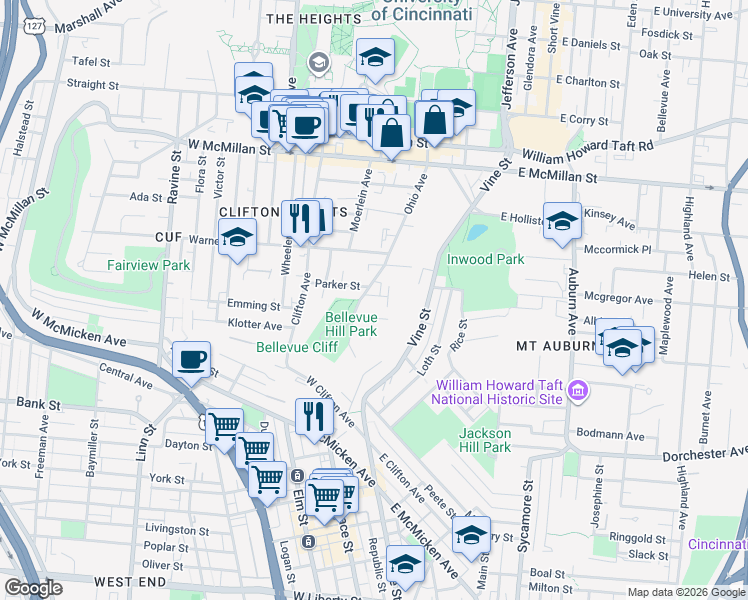 map of restaurants, bars, coffee shops, grocery stores, and more near 2210 Ohio Avenue in Cincinnati