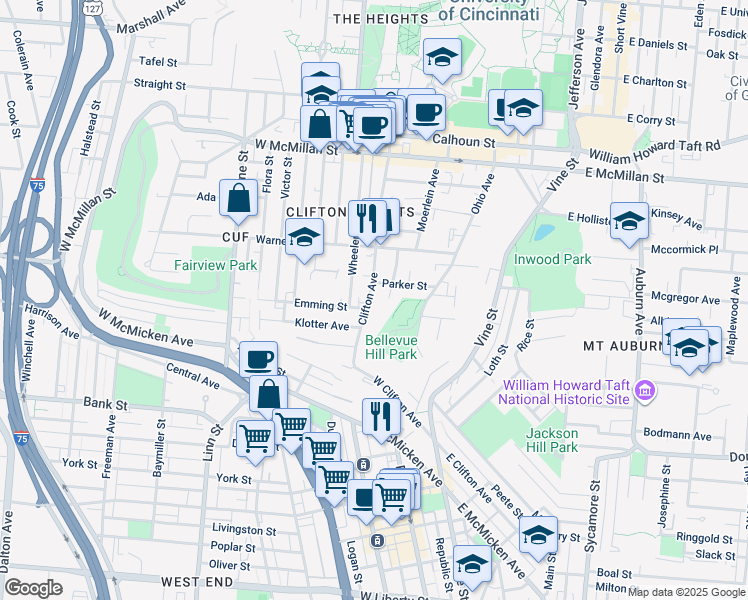 map of restaurants, bars, coffee shops, grocery stores, and more near in Cincinnati