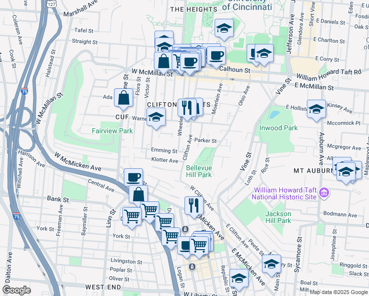 map of restaurants, bars, coffee shops, grocery stores, and more near in Cincinnati