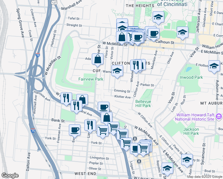 map of restaurants, bars, coffee shops, grocery stores, and more near 276 Emming Street in Cincinnati