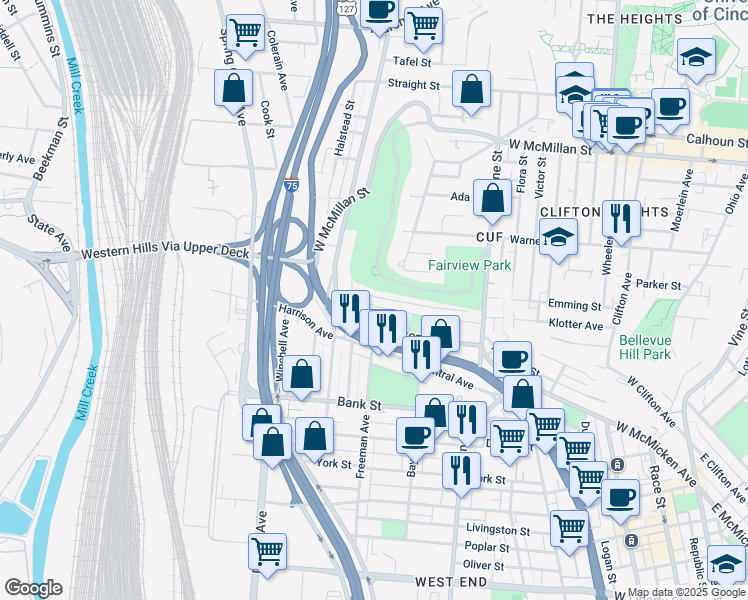 map of restaurants, bars, coffee shops, grocery stores, and more near 604 Klotter Avenue in Cincinnati