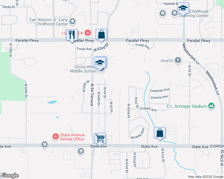 map of restaurants, bars, coffee shops, grocery stores, and more near 1609 North 63 Place in Kansas City