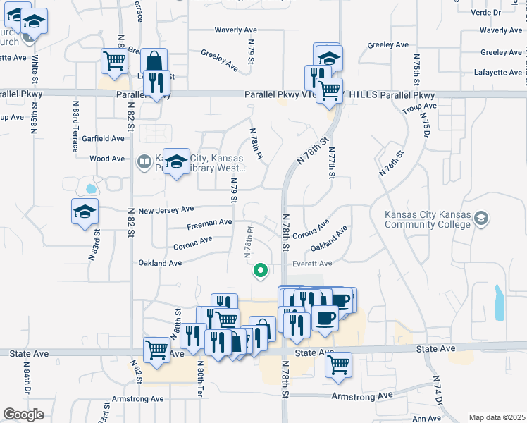 map of restaurants, bars, coffee shops, grocery stores, and more near 7850 Freeman Avenue in Kansas City