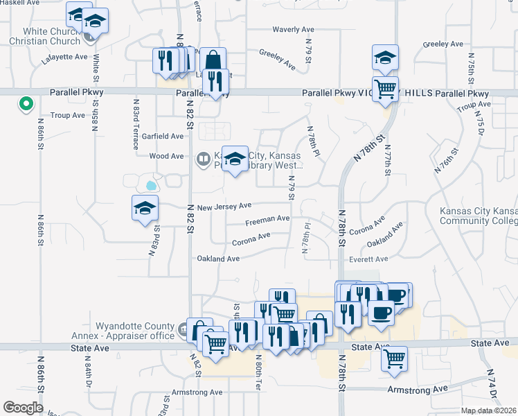 map of restaurants, bars, coffee shops, grocery stores, and more near 7927 New Jersey Avenue in Kansas City