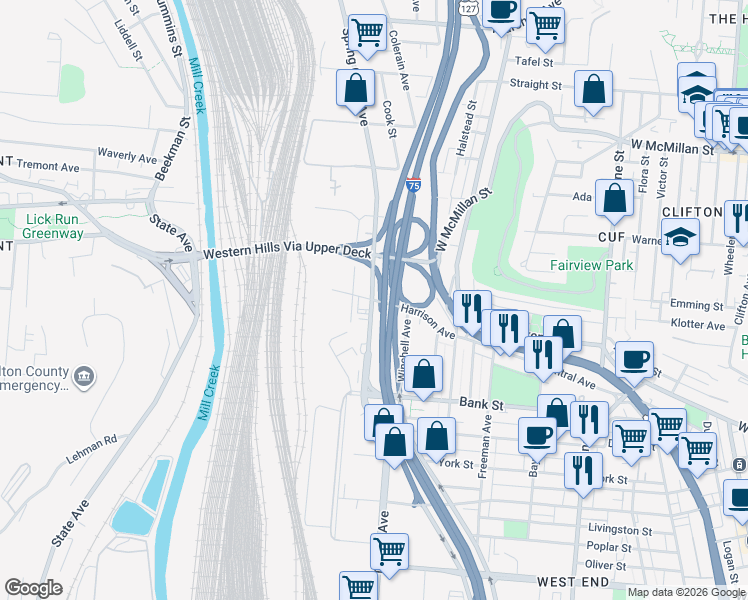 map of restaurants, bars, coffee shops, grocery stores, and more near Harrison Ave & Spring Grove Ave in Cincinnati