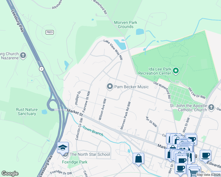 map of restaurants, bars, coffee shops, grocery stores, and more near 108 Lake View Way Northwest in Leesburg
