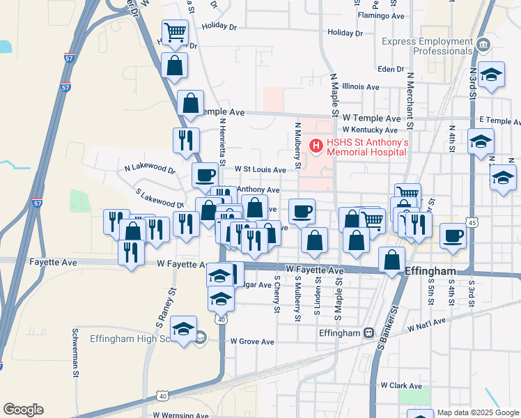 map of restaurants, bars, coffee shops, grocery stores, and more near 999 West Franklin Avenue in Effingham