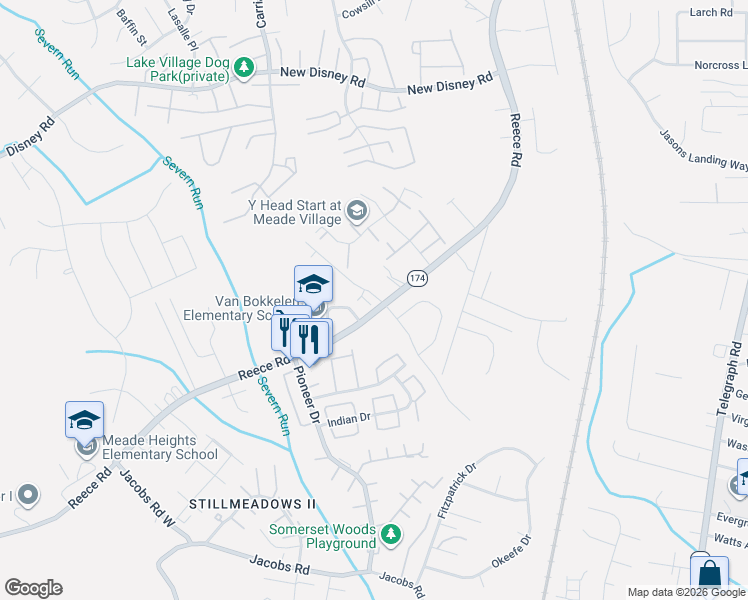 map of restaurants, bars, coffee shops, grocery stores, and more near 1122 Maryland 174 in Severn