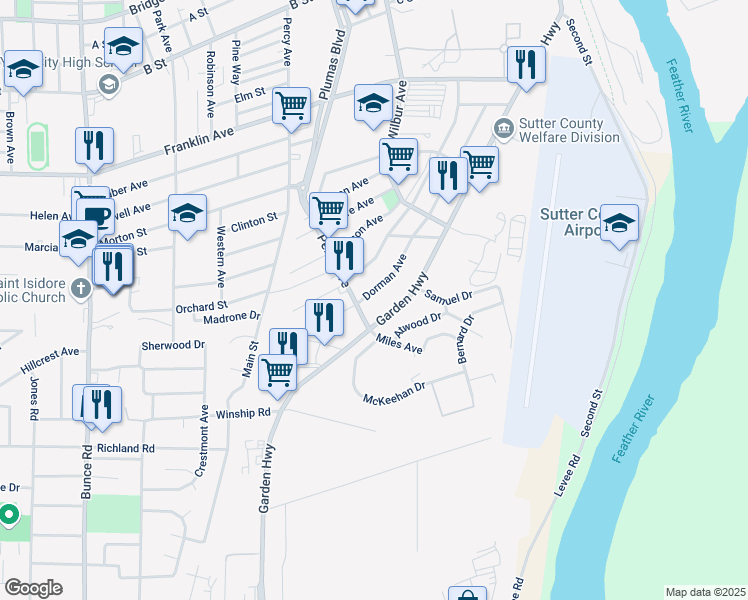 map of restaurants, bars, coffee shops, grocery stores, and more near 410 Dorman Avenue in Yuba City