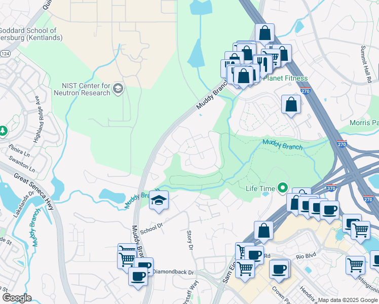 map of restaurants, bars, coffee shops, grocery stores, and more near 400 Pensacola Drive in Gaithersburg