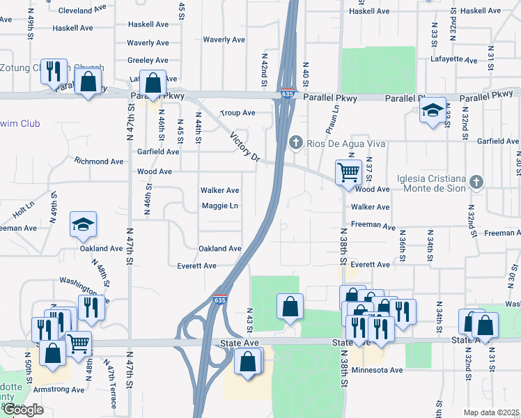 map of restaurants, bars, coffee shops, grocery stores, and more near 1713 North 42nd Street in Kansas City