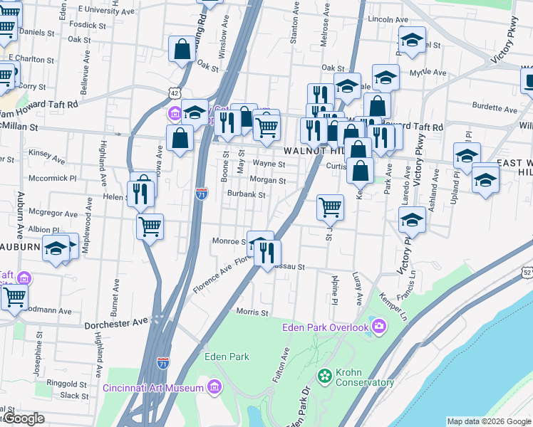 map of restaurants, bars, coffee shops, grocery stores, and more near 2319 Concord Street in Cincinnati