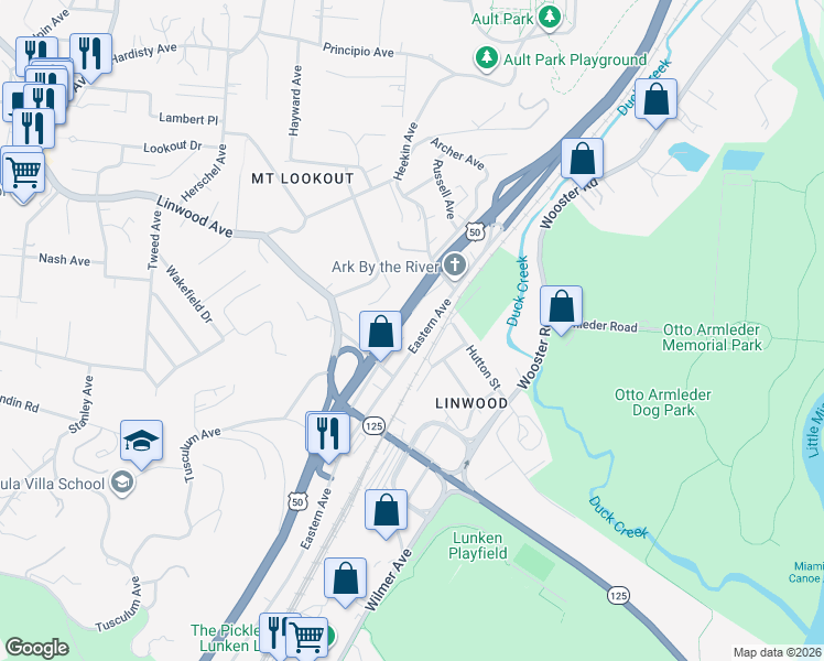 map of restaurants, bars, coffee shops, grocery stores, and more near 4836 Eastern Avenue in Cincinnati