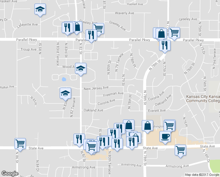 map of restaurants, bars, coffee shops, grocery stores, and more near 7927 New Jersey Avenue in Kansas City