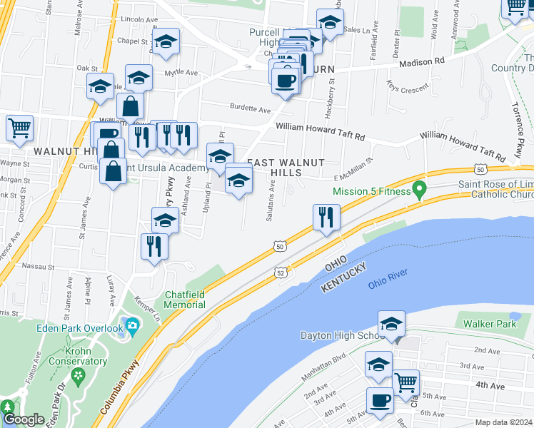map of restaurants, bars, coffee shops, grocery stores, and more near 2317 Salutaris Avenue in Cincinnati