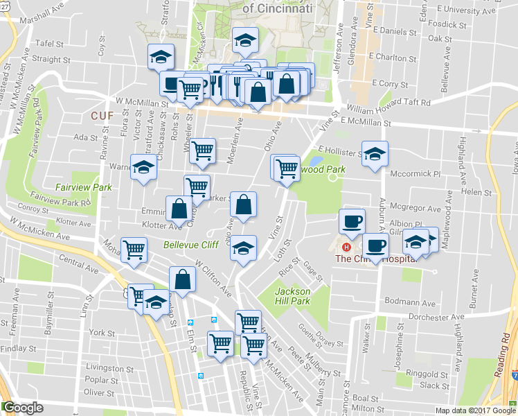map of restaurants, bars, coffee shops, grocery stores, and more near 2218 Eureka Terrace in Cincinnati