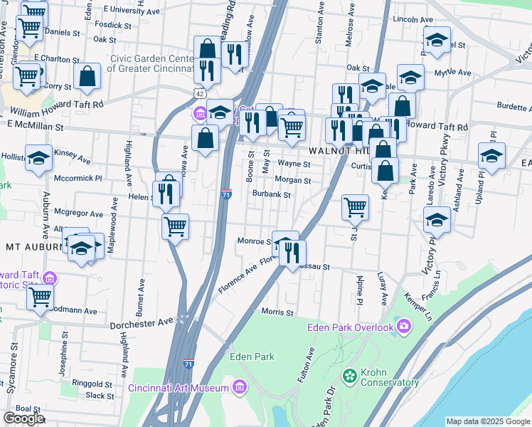 map of restaurants, bars, coffee shops, grocery stores, and more near 2314 May Street in Cincinnati