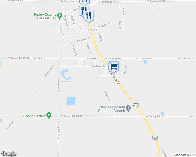 map of restaurants, bars, coffee shops, grocery stores, and more near 812 South Shook Street in Osgood