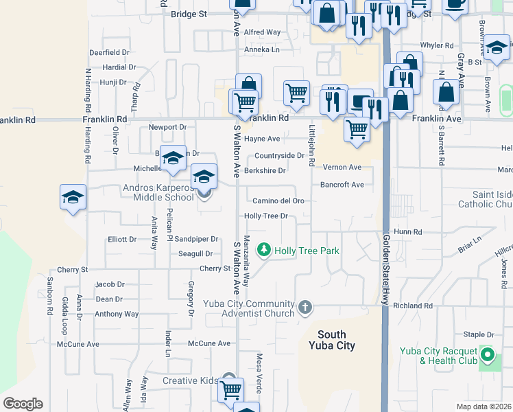 map of restaurants, bars, coffee shops, grocery stores, and more near 1572 Camino Del Oro in Yuba City