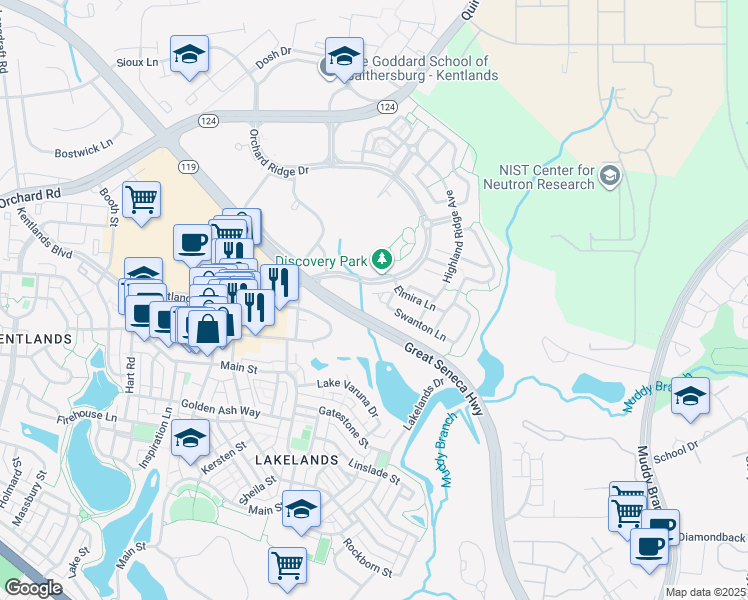 map of restaurants, bars, coffee shops, grocery stores, and more near 59 Swanton Lane in Gaithersburg