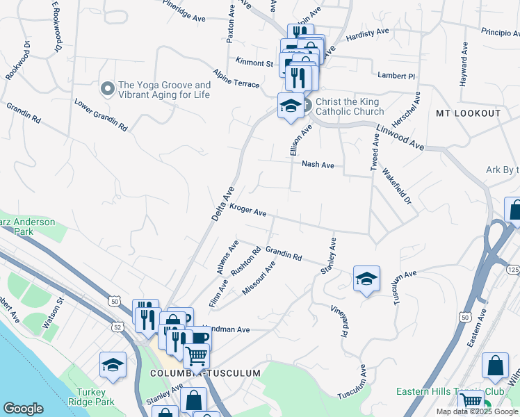 map of restaurants, bars, coffee shops, grocery stores, and more near 3550 Kroger Avenue in Cincinnati