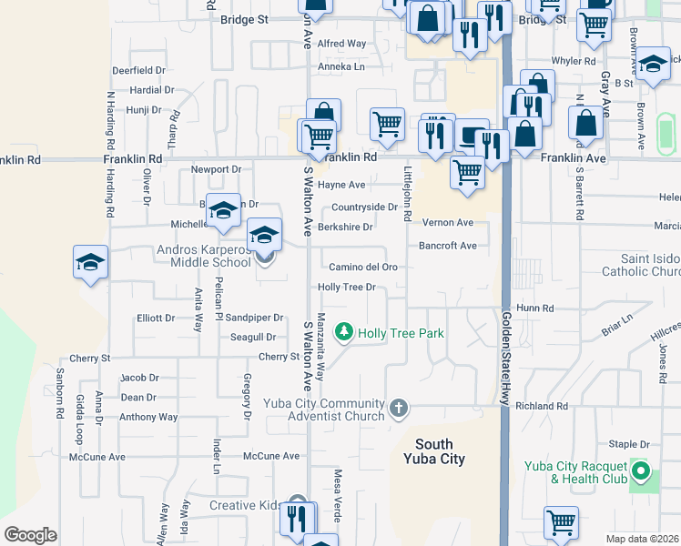map of restaurants, bars, coffee shops, grocery stores, and more near 1572 Camino del Oro in Yuba City