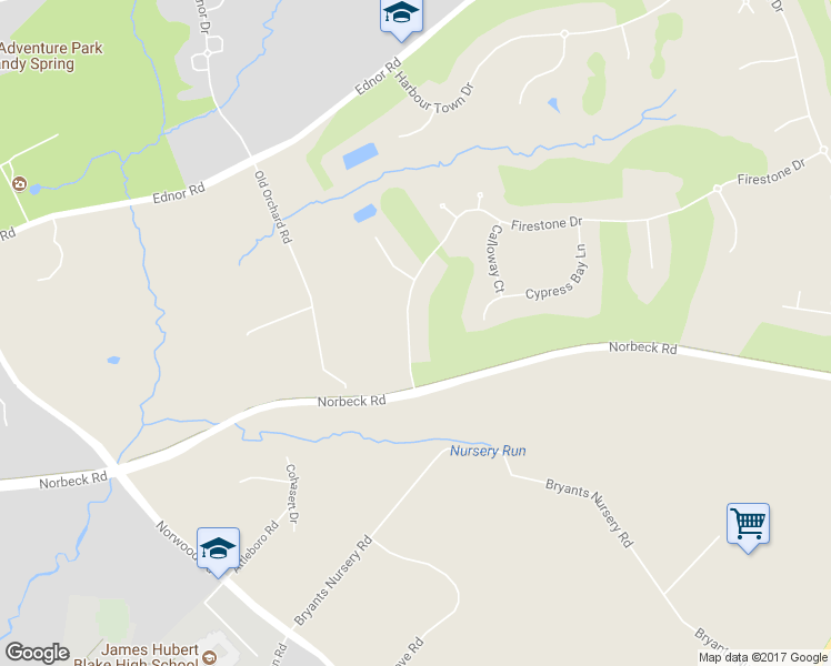 map of restaurants, bars, coffee shops, grocery stores, and more near 405 Firestone Drive in Silver Spring