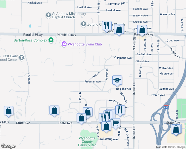 map of restaurants, bars, coffee shops, grocery stores, and more near 1632 Holt Lane in Kansas City