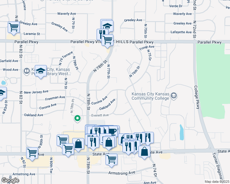 map of restaurants, bars, coffee shops, grocery stores, and more near 1510 North 77th Street in Kansas City