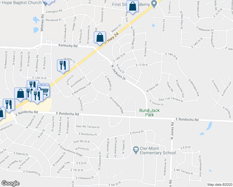 map of restaurants, bars, coffee shops, grocery stores, and more near 18916 East Powahatan Place in Independence