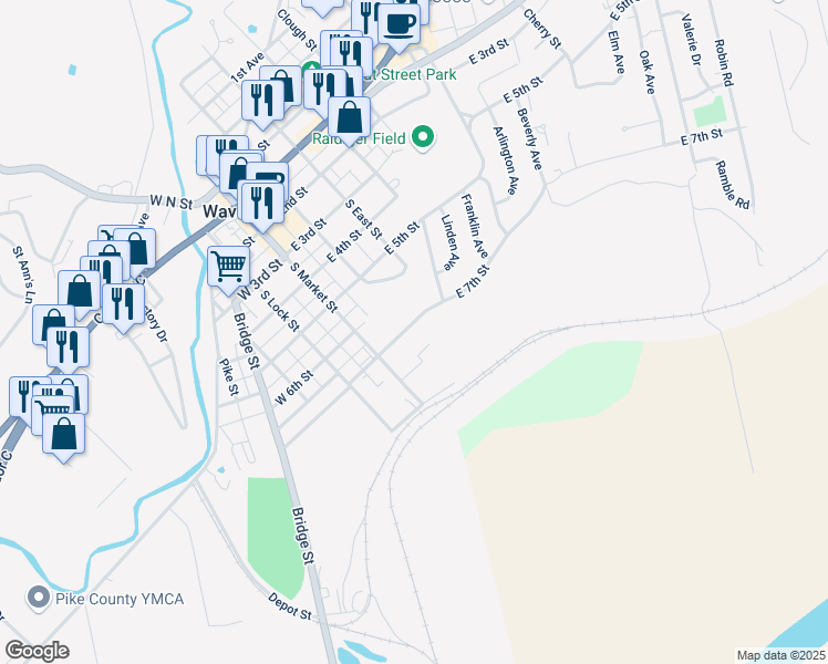 map of restaurants, bars, coffee shops, grocery stores, and more near 206 East 7th Street in Waverly