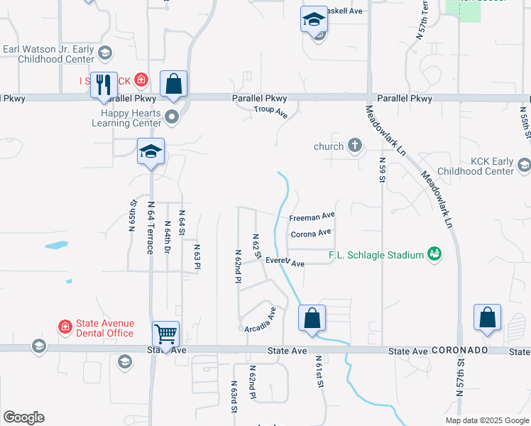 map of restaurants, bars, coffee shops, grocery stores, and more near 6171 Freeman Avenue in Kansas City