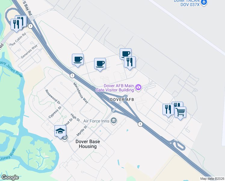 map of restaurants, bars, coffee shops, grocery stores, and more near 442 13th Street in Dover