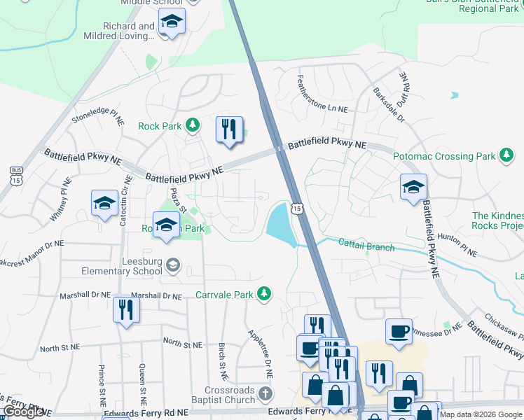 map of restaurants, bars, coffee shops, grocery stores, and more near 632 Radford Terrace Northeast in Leesburg