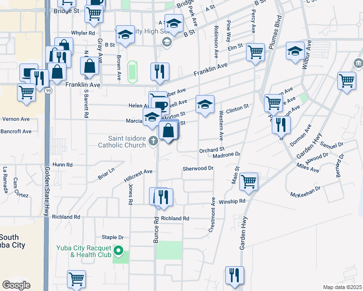 map of restaurants, bars, coffee shops, grocery stores, and more near 201 Julie Drive in Yuba City